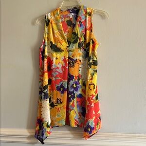 Spense Yellow Red Floral Sleeveless V-Neck Tunic